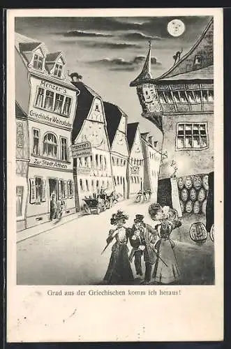 Wirtshaus-AK Neckargemünd, Griechische Weinstube zur Stadt Athen, Ortspartie aus der Sicht eines Betrunkenen