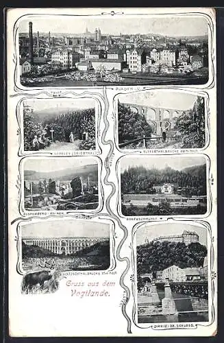 AK Plauen / Vogtland, Göltzschtalbrücke, Gasthaus Rentzschmühle und Burgruine