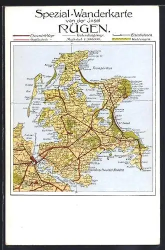 Künstler-AK Rügen, Landkarte mit Bergen, Stralsund und Tromper Wiek