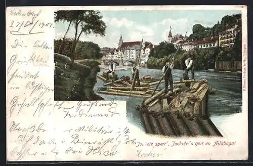 AK Holztransport auf dem Fluss, Flösser