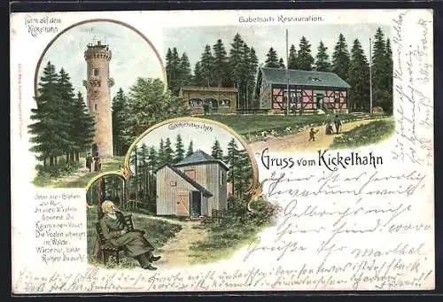 Lithographie Ilmenau, Gabelbach Restaurant, Göthehäuschen, Turm auf dem Kickelhahn