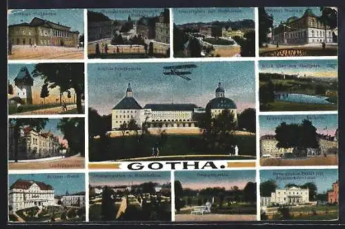 AK Gotha, Schloss-Hotel, Schloss Friedenstein mit Segelflugzeug, Orangengarten