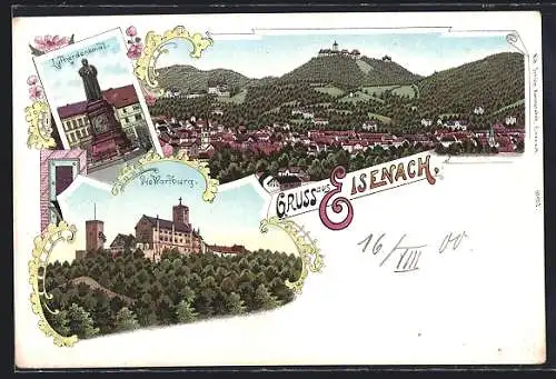 Lithographie Eisenach, Ortsansicht, Wartburg, Lutherdenkmal