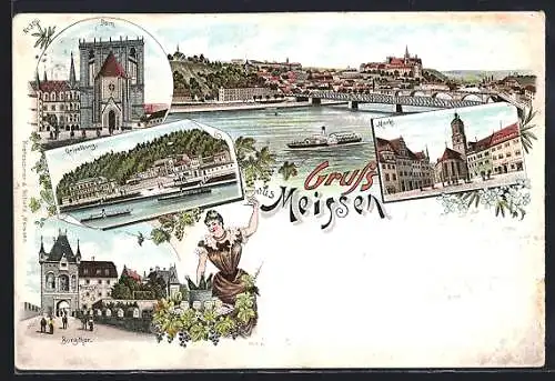 Lithographie Meissen, Ortsansichten, Dom, Burgthor, Markt