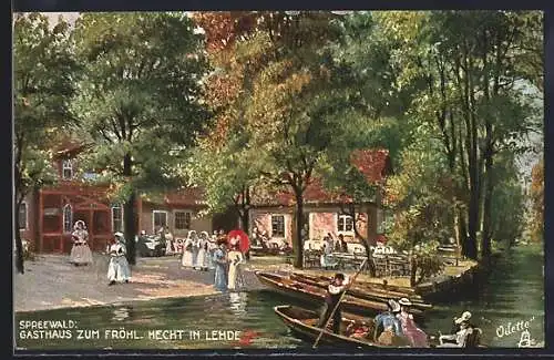 Künstler-AK Lehde / Spreewald, Gasthaus zum fröhlichen Hecht