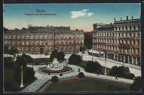 Künstler-AK Görlitz, Postplatz mit Gerichtsgebäude