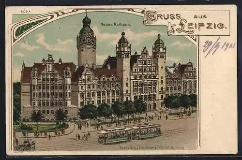 Lithographie Leipzig, Strassenbahn & Neues Rathaus