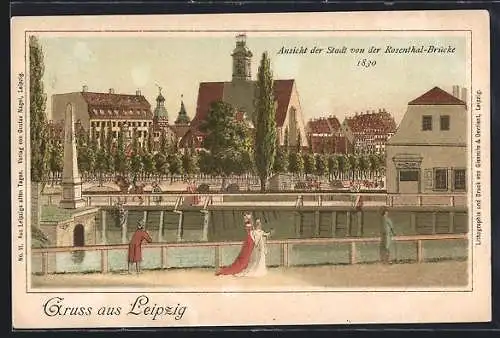 Lithographie Leipzig, Ortsansicht von der Rosenthal-Brücke um 1830