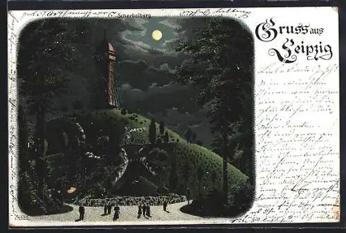 Lithographie Leipzig, Aussichtsturm auf dem Scherbelberg bei Nacht