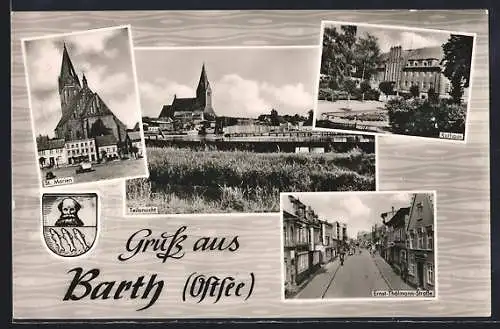 AK Barth a. Ostsee, Teilansicht, Kirche St. Marien, Rathaus und Ernst-Thälmann-Strasse