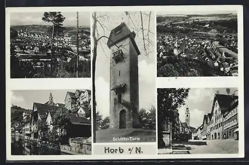 AK Horb / Neckar, Schütte-Turm, Strassenpartie, Totalansicht