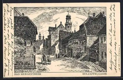 Künstler-AK Bad Mergentheim, Mann mit Pferdekutsche in der Holzapfelgasse