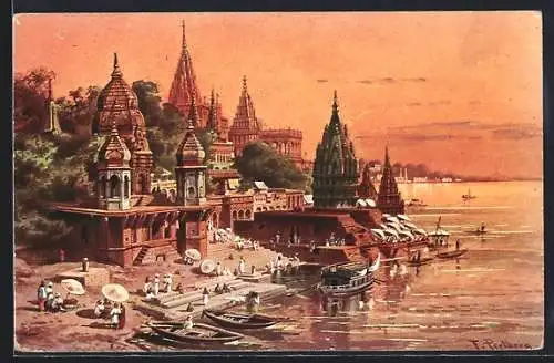 Künstler-AK F.Perlberg: Benares, am Ganges, Partie am Ufer