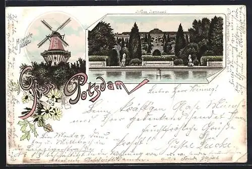 Lithographie Potsdam, Historiche Mühle, Schloss Sanssouci