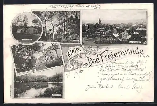 AK Bad Freienwalde, Gesamtansicht aus der Vogelschau, Berghaus, Brunnenhotel, Waldschloss, Papenmühle