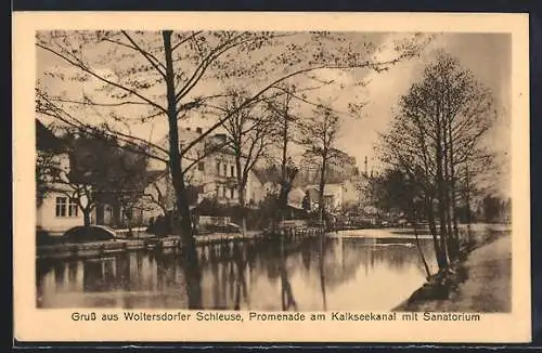 AK Woltersdorf, Schleuse, Promenade am Kalkseekanal mit Sanatorium