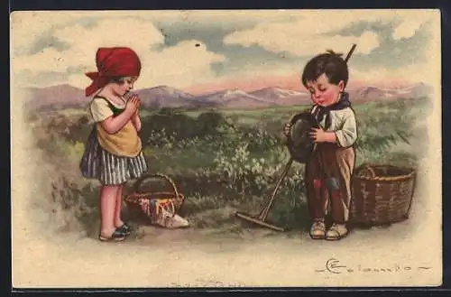 Künstler-AK E. Colombo: Betende Kinder auf einem Feld