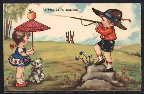 Künstler-AK Margret Boriss: Junge schiesst Mädchen Apfel vom Sonnenschirm