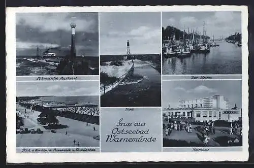 AK Ostseebad Warnemünde, Blick vom Kurhaus a. d. Promenade und Familienbad, stürmische Ausfahrt, Mole, Kurhaus, d. Strom