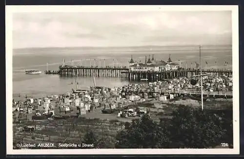 AK Ahlbeck / Ostseebad, Seebrücke & Strand aus der Vogelschau