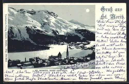 Lithographie St. Moritz, Dorfansicht und Bad bei Mondschein
