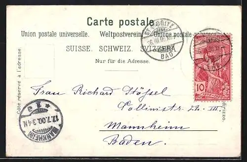 Lithographie St. Moritz, Dorfansicht und Bad bei Mondschein