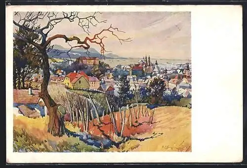 AK Uzhorod, Gesamtansicht des Ortes in gemalter Form