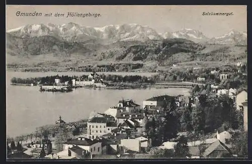 AK Gmunden /Salzkammergut, Ortsansicht mit den Höllengebirge