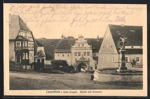 AK Lauenstein i. Erzgeb., Markt mit Brunnen