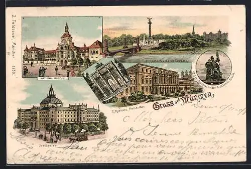 Lithographie München, Justizpalast, Nationalmuseum, Kgl. Residenz, Luitpold-Brücke