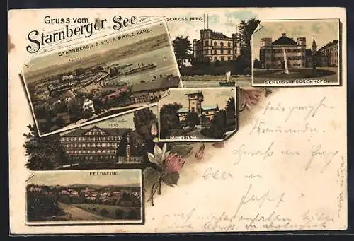 Lithographie Starnberg, Hotel am See Tusing Schloss Berg, Schloss Pssenhofen, Roseninsel, Feldafing, Ortsansicht
