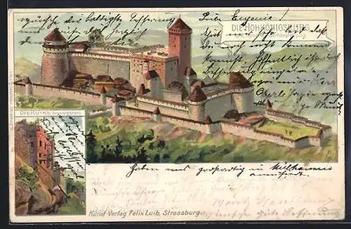 Künstler-AK Orschwiller, Die Hohkönigsburg und Ruine von Westen