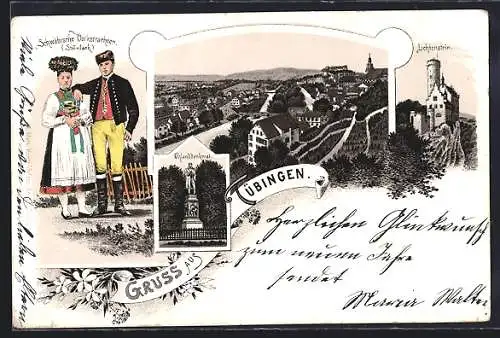 Lithographie Tübingen, Panorama, Uhlanddenkmal, Lichtenstein und schwäbische Volkstracht