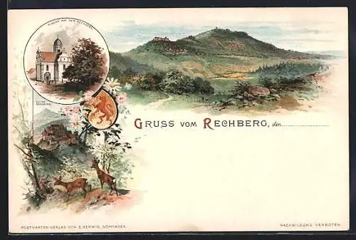 Lithographie Gmünd, Kirche auf dem Rechberg, Ruine Rechberg