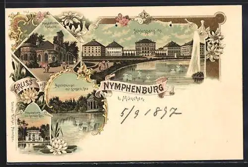 Lithographie Nymphenburg b. München, Magdalenenkapelle, Apollotempel m. gr. See, Pagodenburg m. kl. See, Schlossansicht