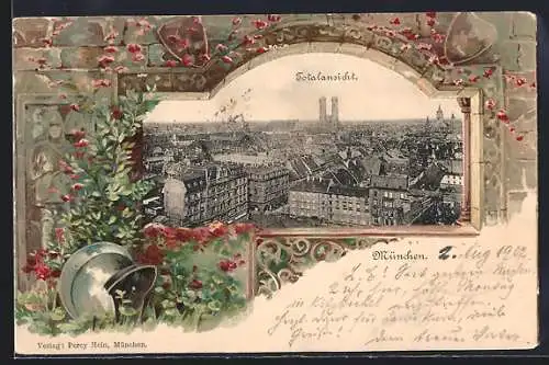 Passepartout-AK München, Panorama mit Türmen der Frauenkirche