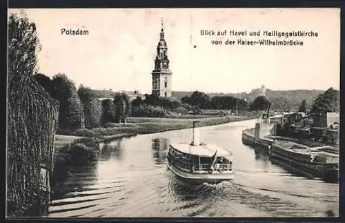 AK Potsdam, Blick auf Havel und Heiligsgeistkirche mit Dampfboot