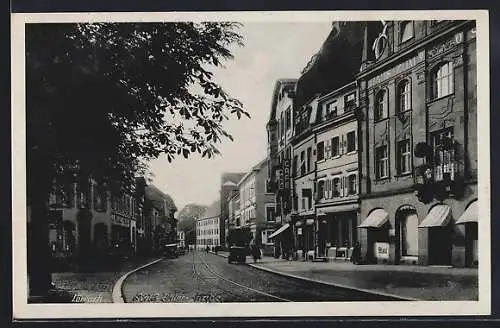 AK Lörrach, Blick in die Strasse u. Cafe Pape