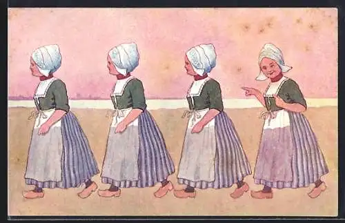 Künstler-AK Brüder Kohn (B.K.W.I) Nr. 648-9: Mädchen mit Holzschuhen, Die Letzte zeigt mit dem Finger auf die anderen