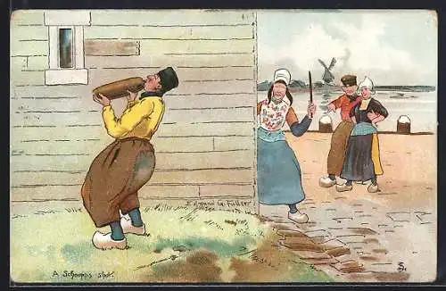 Künstler-AK Holländerin ist wütend auf ihren Mann, A Schnapps Shot1904