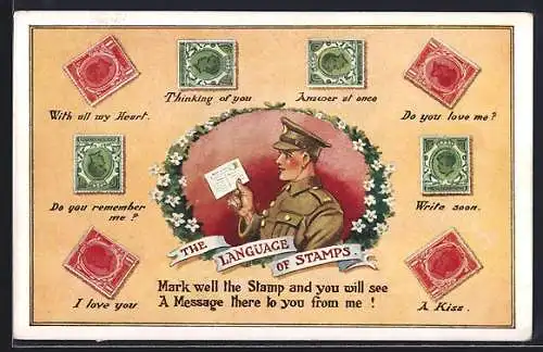 AK The Language of Stramps, Briefmarkensprache, britischer Soldat