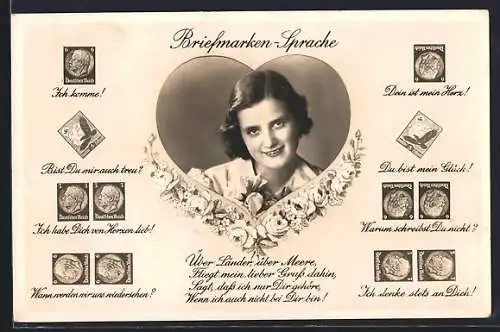 AK Frauenporträt im Herz-Passepartout mit Briefmarken-Sprache