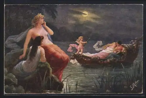 Künstler-AK Fr. Rösler: Frauen beobachten Liebespaar im Blumenboot