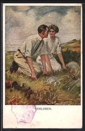 Künstler-AK Clarence F.Underwood: Pärchen beim Golfen sucht nach dem Ball