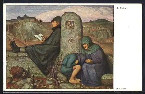 Künstler-AK Matthäus Schiestl: Zweite Sammlung, Szene in Italien, Schriftsteller, Armes Frauenpaar