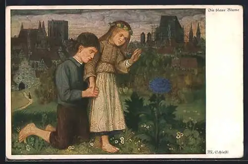 Künstler-AK Matthäus Schiestl: Kinder staunen über eine blaue Blume