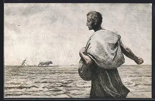 AK Der Sämann, säender Bauer, Ochsenpflug