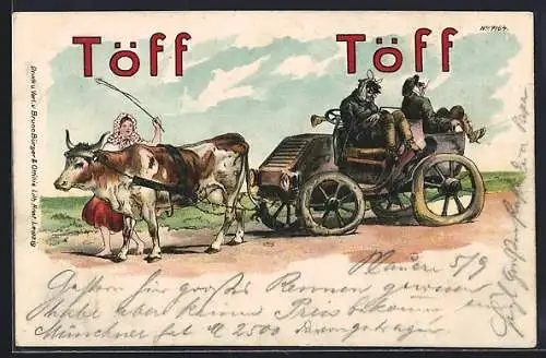 Künstler-AK Bruno Bürger & Ottillie Nr. 7164: Bäuerin schleppt mit ihrer Kuh ein verunfalltes Auto ab