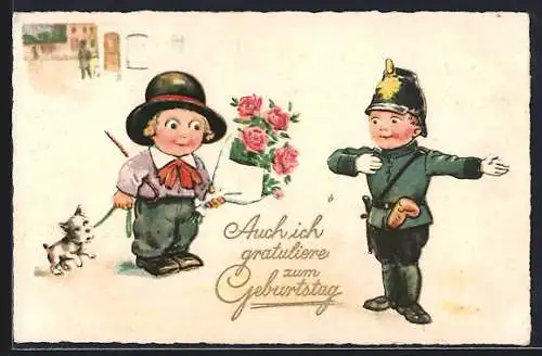AK Kind mit Blumen und Hund schaut zum Polizist