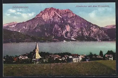 AK Altmünster, Blick über den Ort mit Kirche zum Traunstein